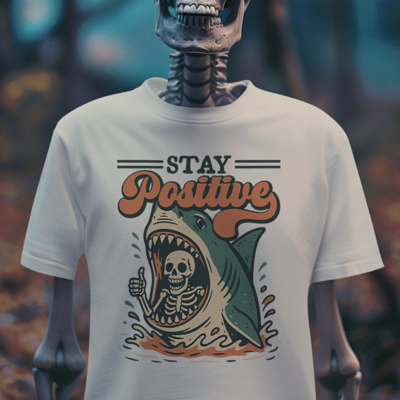 Stay Positive – Retro Shark Attack Dark Humor T-Shirt
