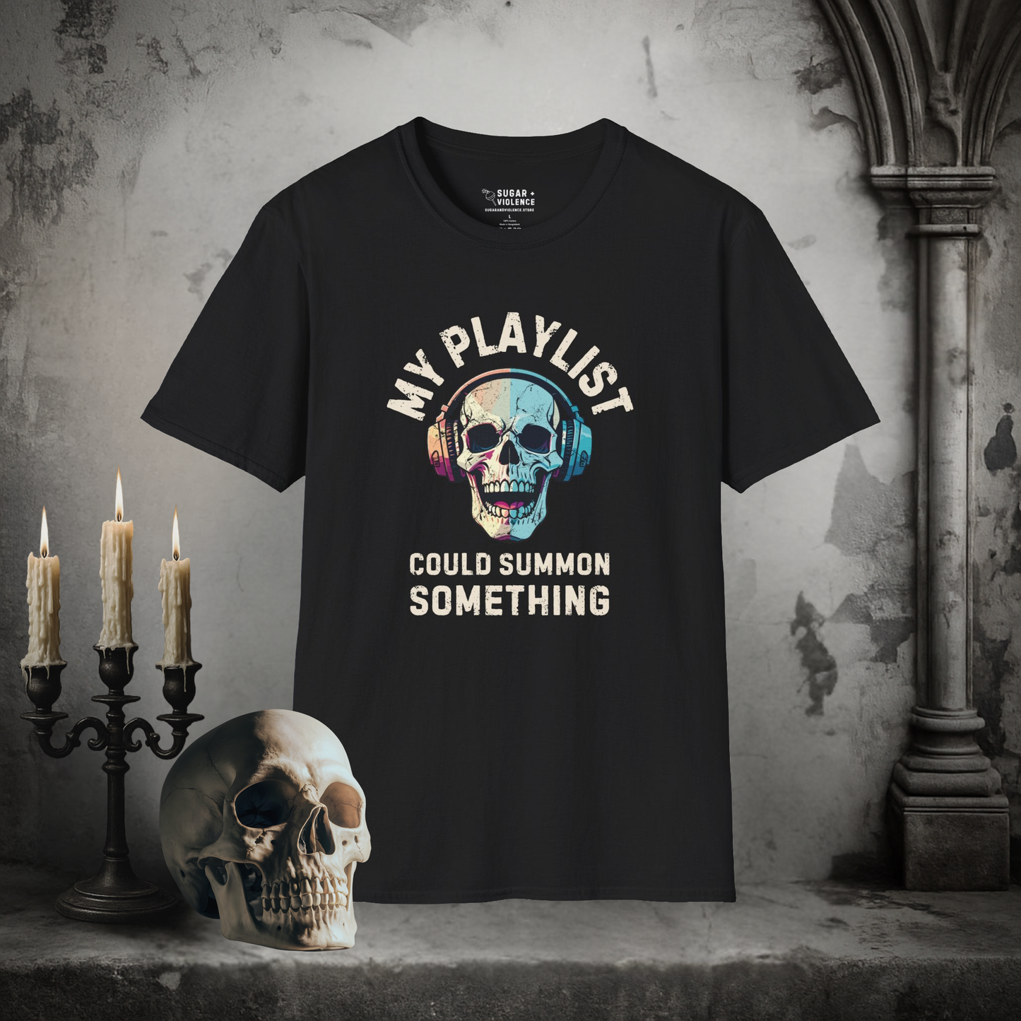 My Playlist Could Summon Something – Occult Vibes Music Skull T-Shirt