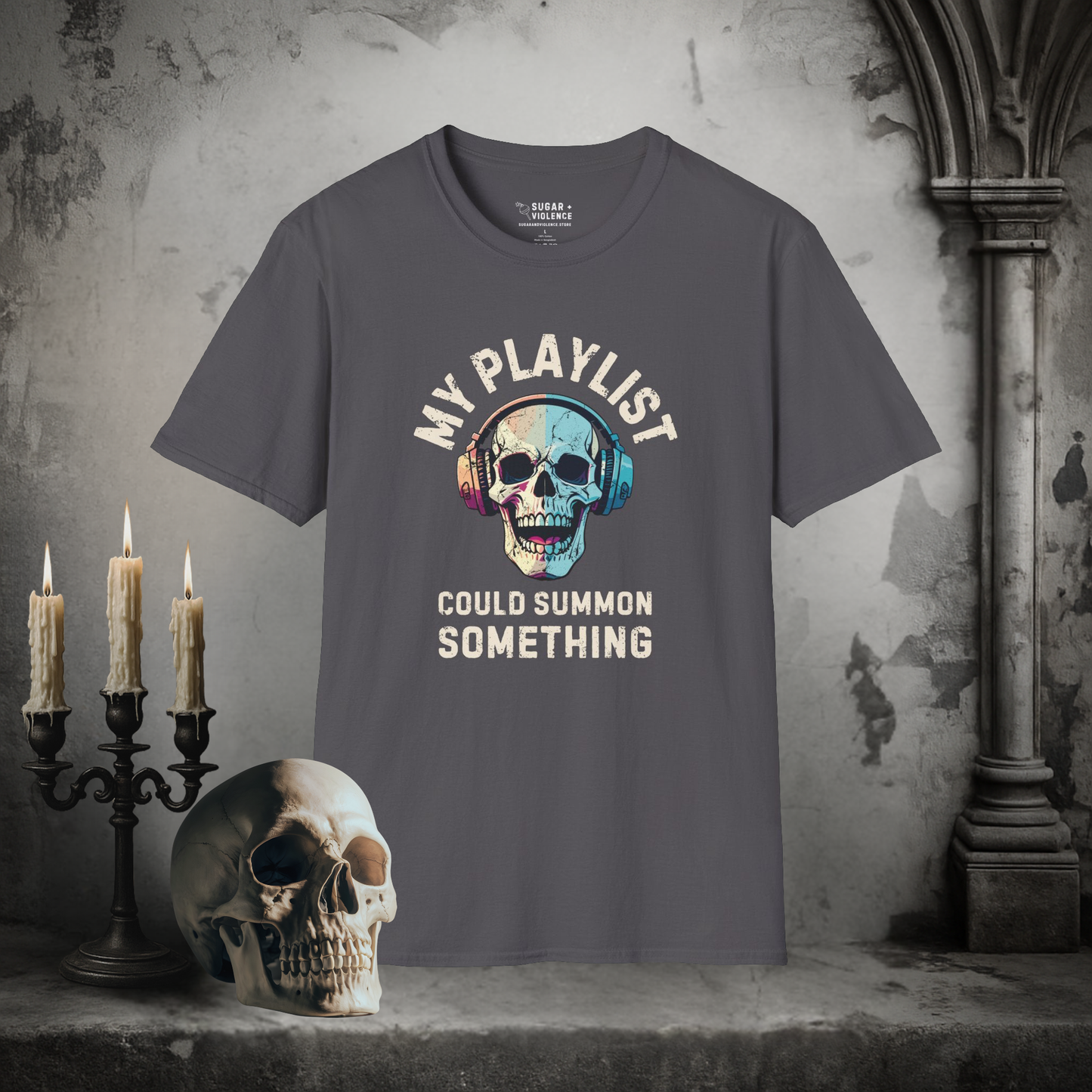 My Playlist Could Summon Something – Occult Vibes Music Skull T-Shirt