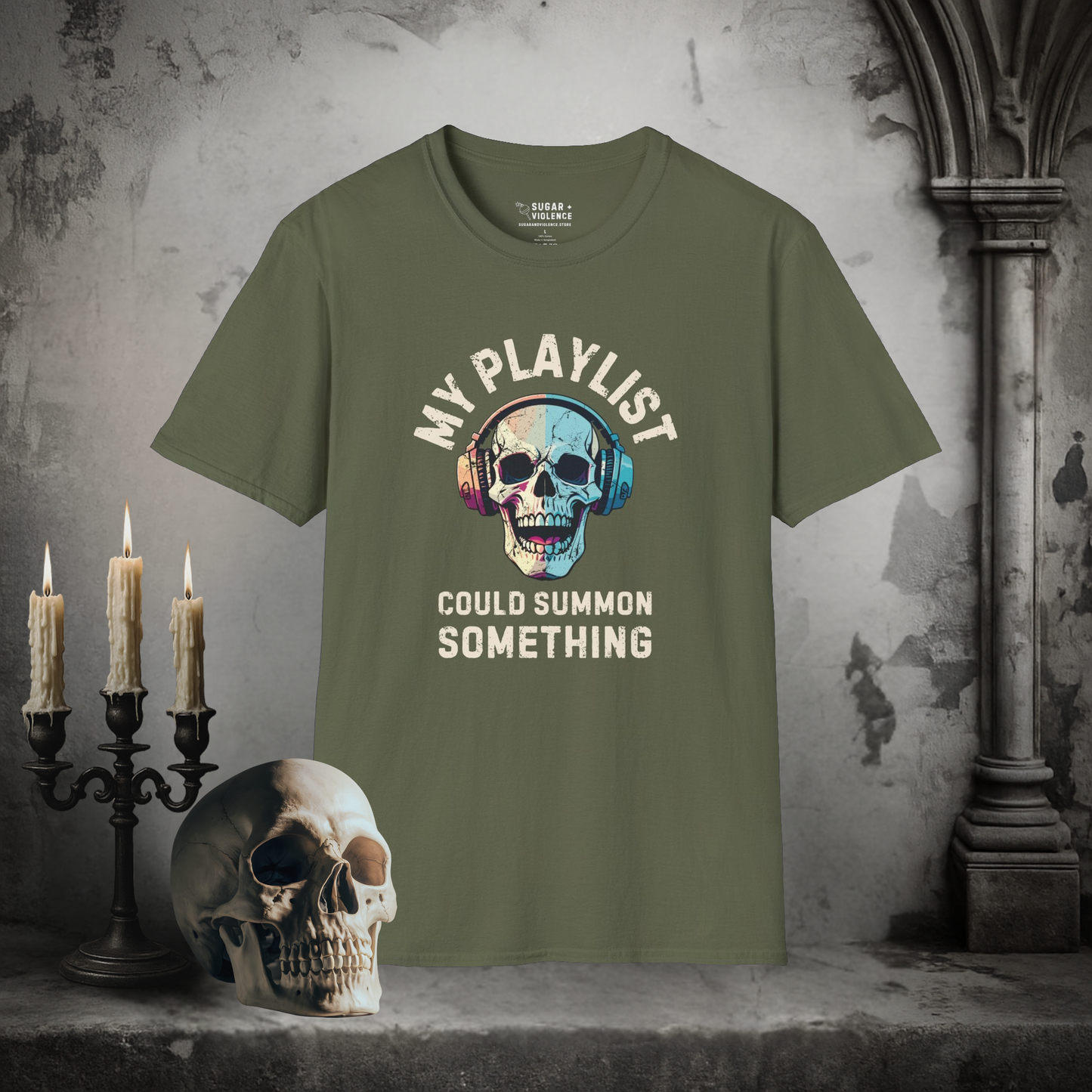 My Playlist Could Summon Something – Occult Vibes Music Skull T-Shirt