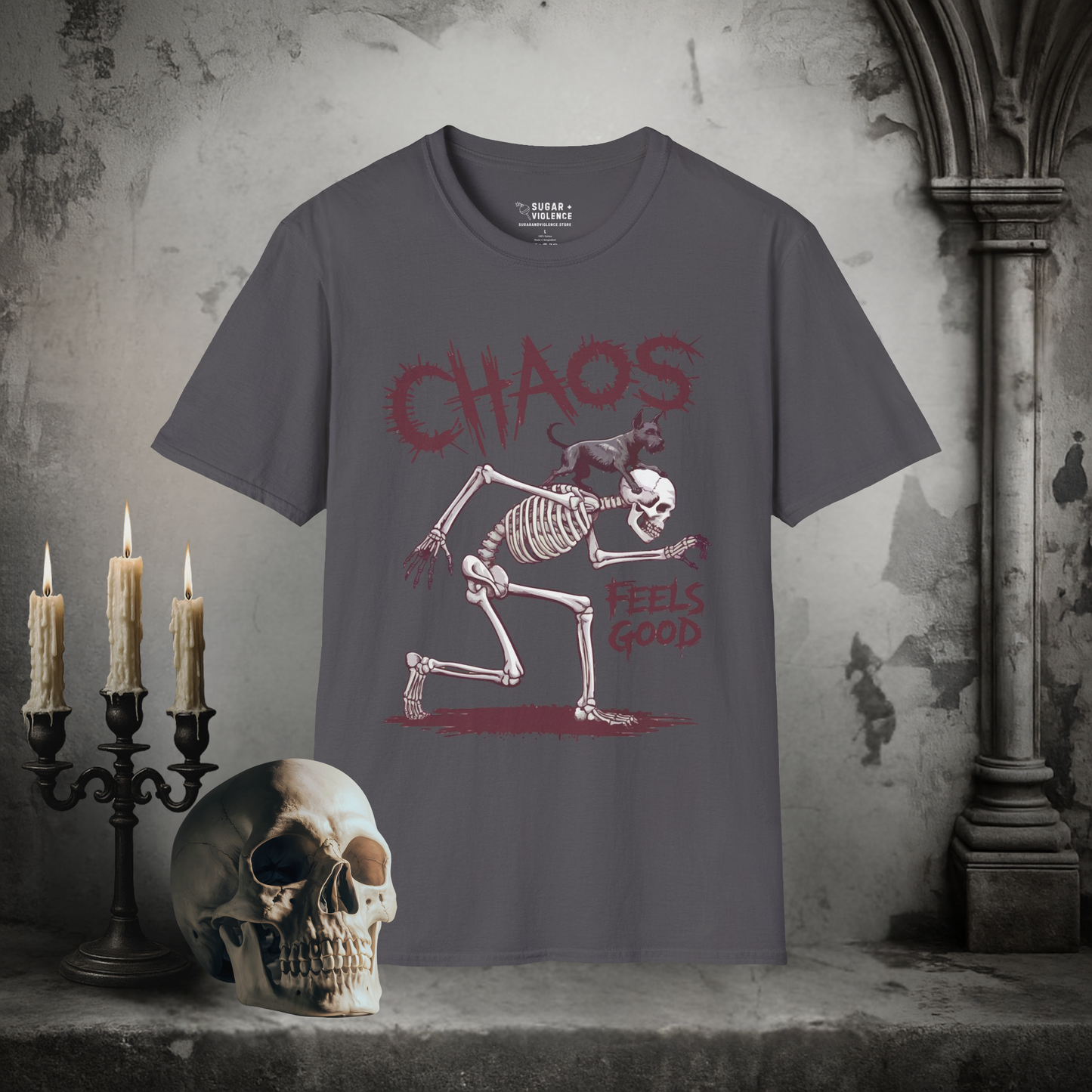 Chaos Feels Good – Skeleton Mischief T-Shirt