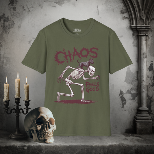 Chaos Feels Good – Skeleton Mischief T-Shirt