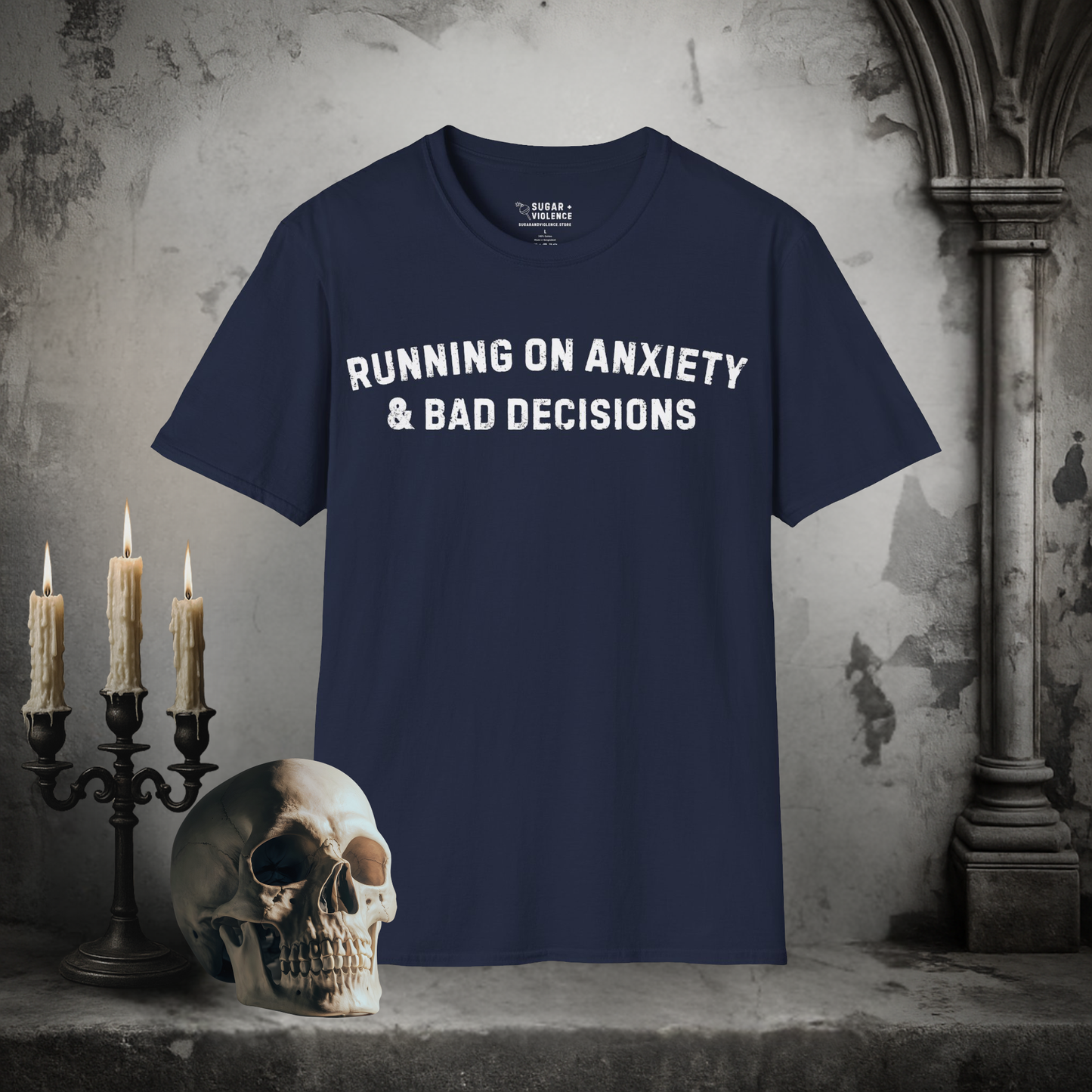 Running on Anxiety & Bad Decisions – Dark Humor Graphic T-Shirt