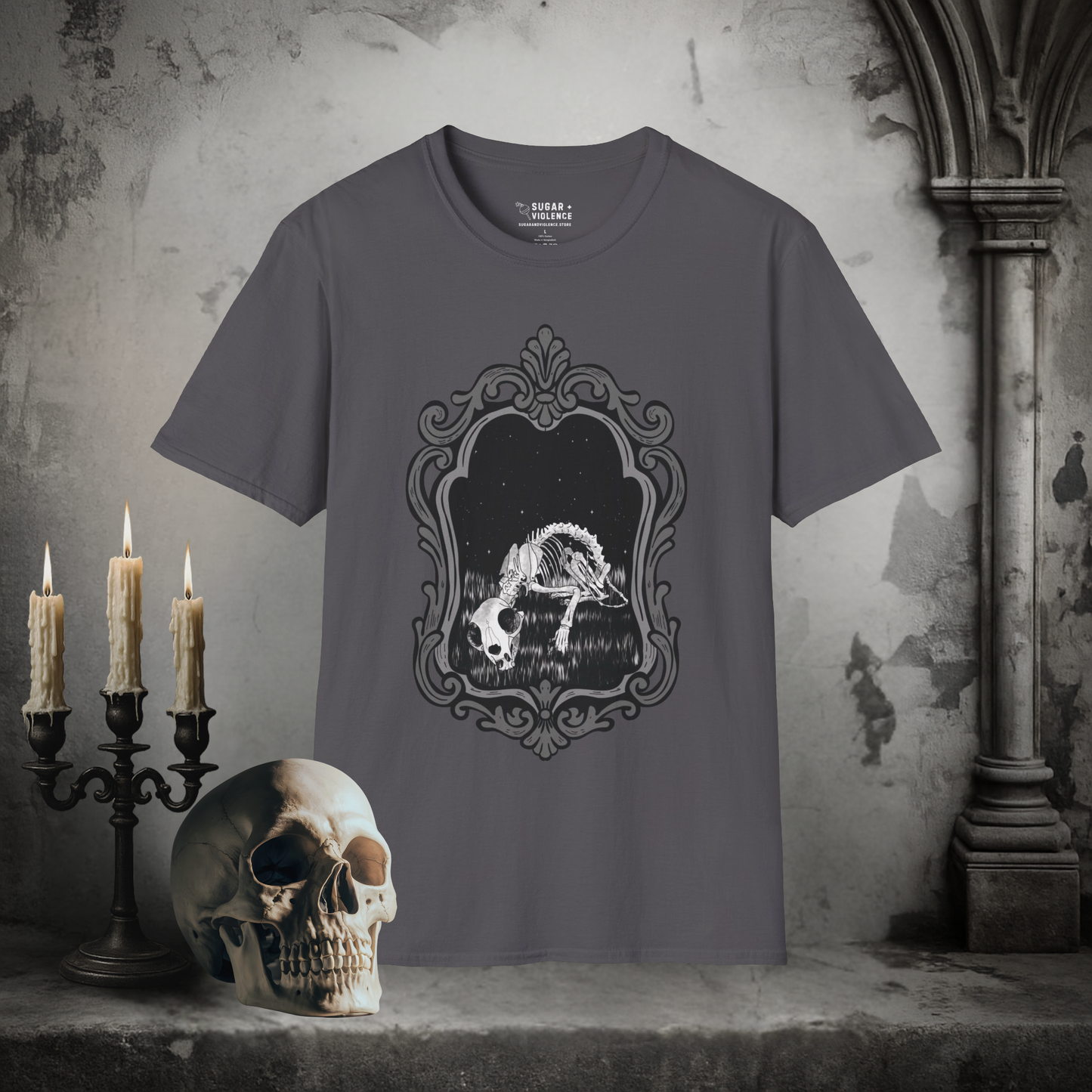 Emerging Artist Gothic Skeleton Art Tee – Boneyard Mirror Graphic Shirt