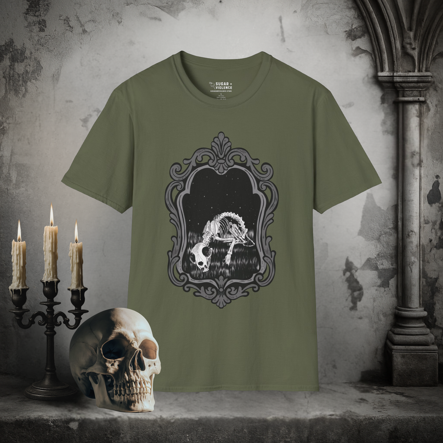 Emerging Artist Gothic Skeleton Art Tee – Boneyard Mirror Graphic Shirt