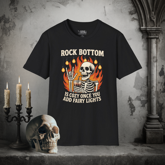 Rock Bottom Is Cozy Once You Add Fairy Lights – Goth Skeleton T-Shirt