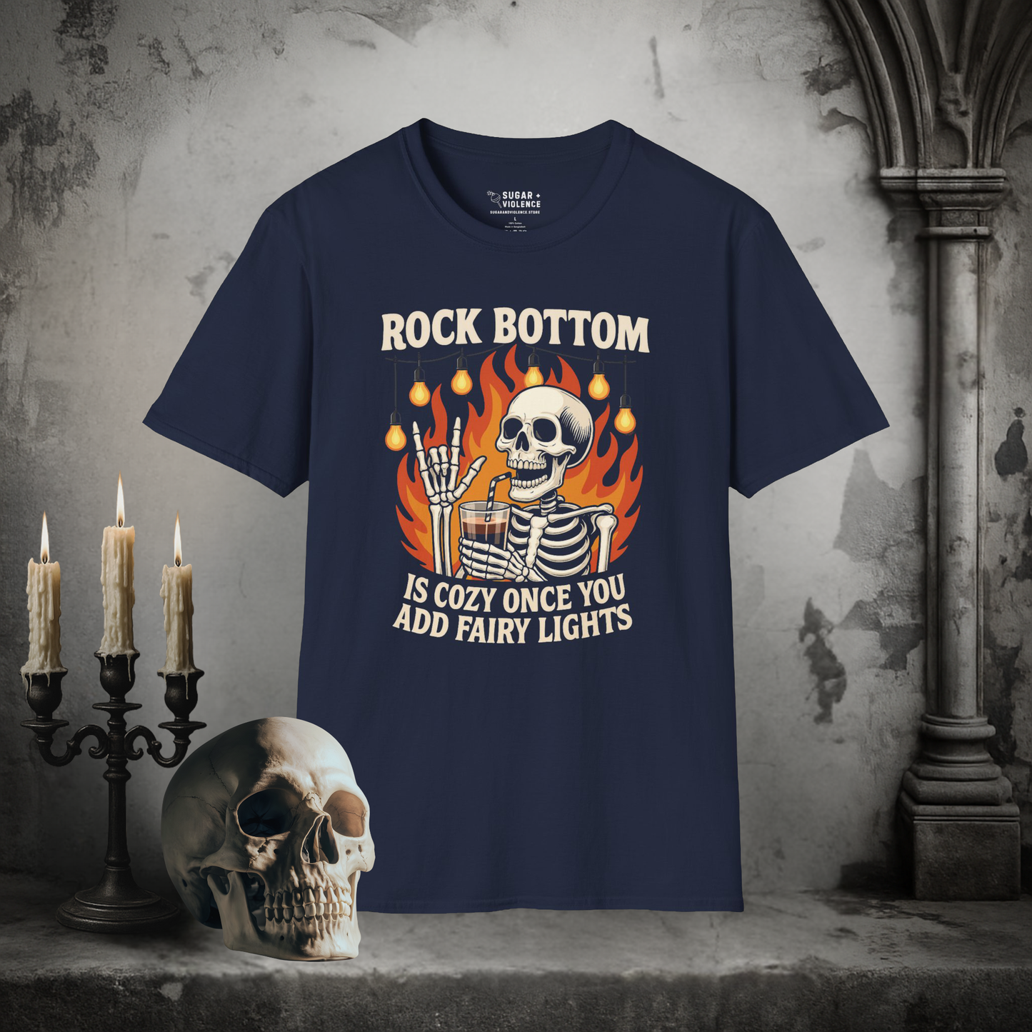 Rock Bottom Is Cozy Once You Add Fairy Lights – Goth Skeleton T-Shirt
