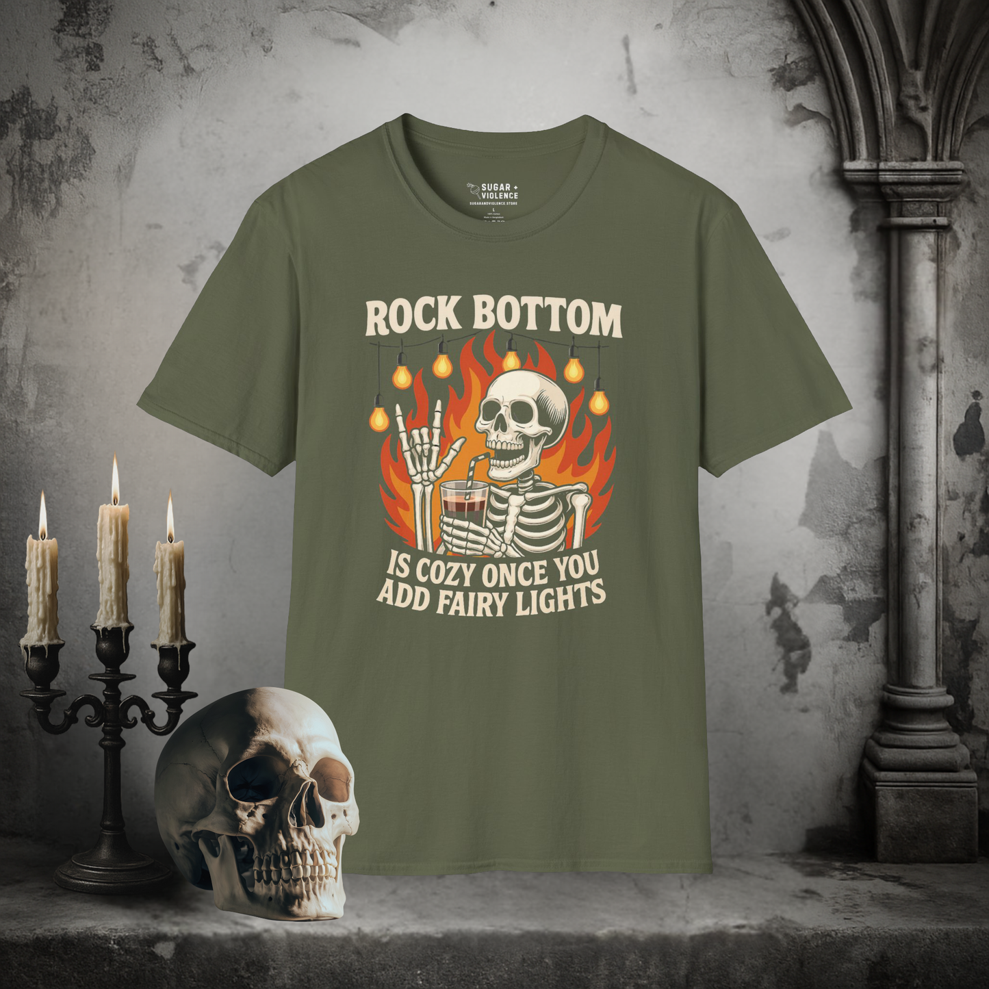 Rock Bottom Is Cozy Once You Add Fairy Lights – Goth Skeleton T-Shirt