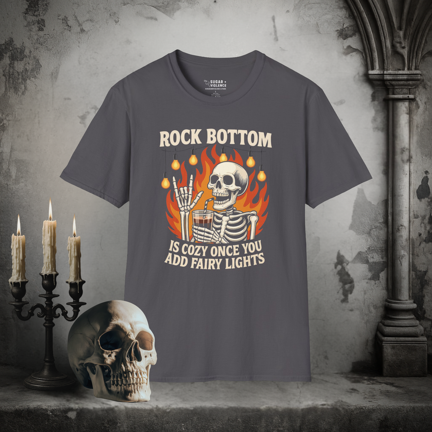 Rock Bottom Is Cozy Once You Add Fairy Lights – Goth Skeleton T-Shirt