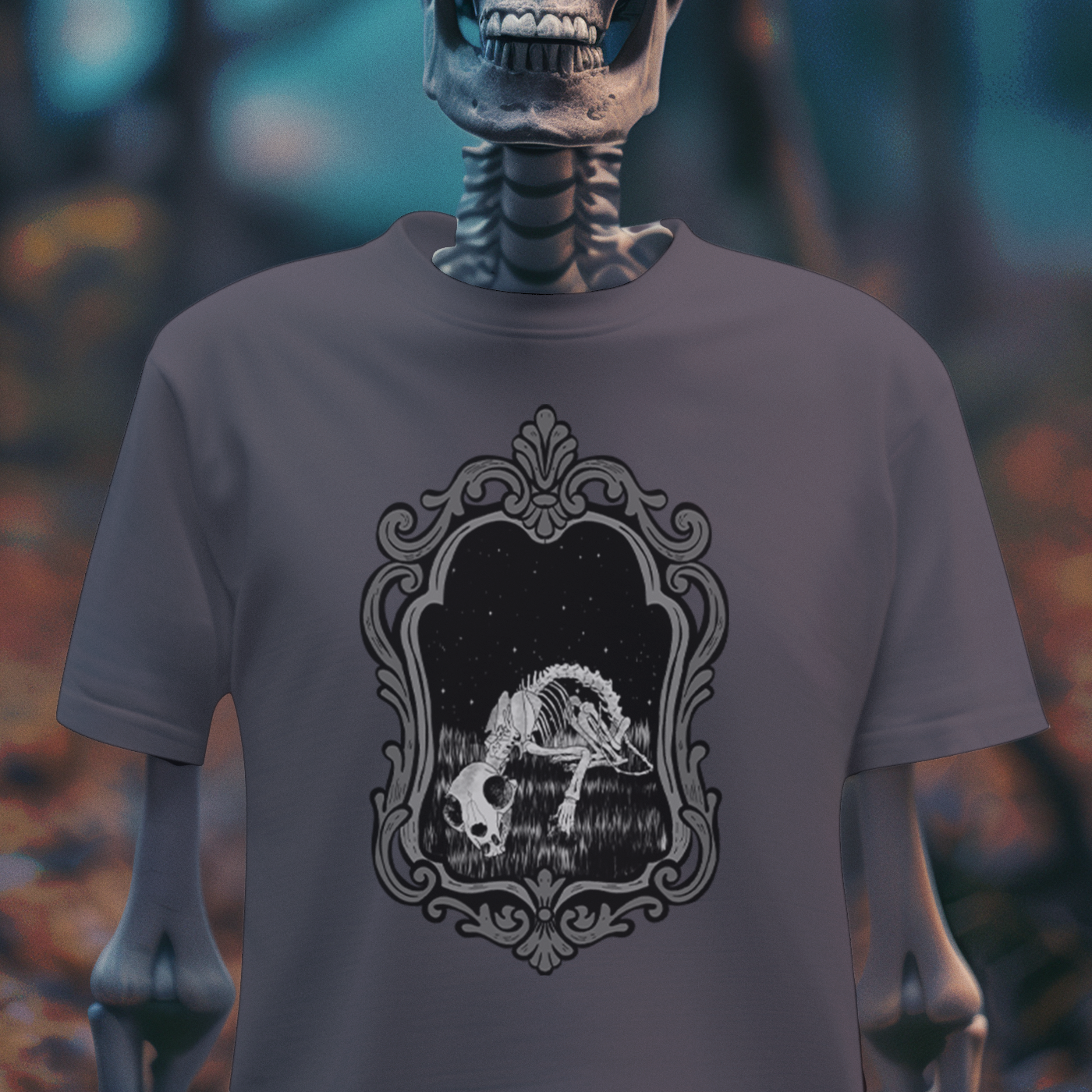 Emerging Artist Gothic Skeleton Art Tee – Boneyard Mirror Graphic Shirt