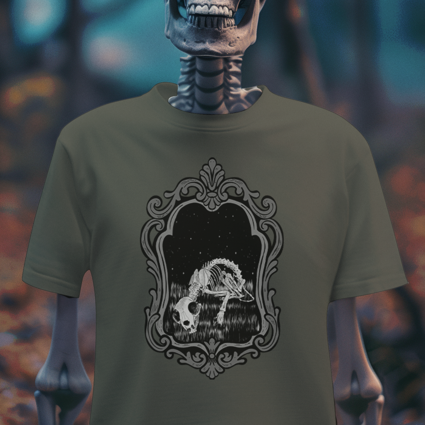 Emerging Artist Gothic Skeleton Art Tee – Boneyard Mirror Graphic Shirt