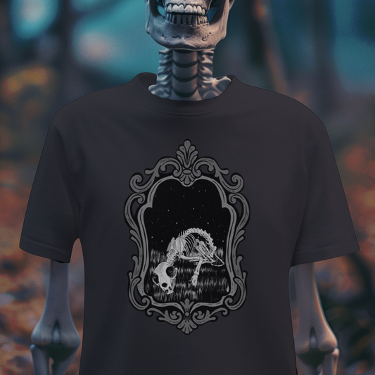 Emerging Artist Gothic Skeleton Art Tee – Boneyard Mirror Graphic Shirt