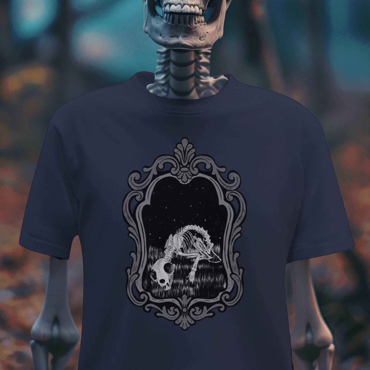 Emerging Artist Gothic Skeleton Art Tee – Boneyard Mirror Graphic Shirt