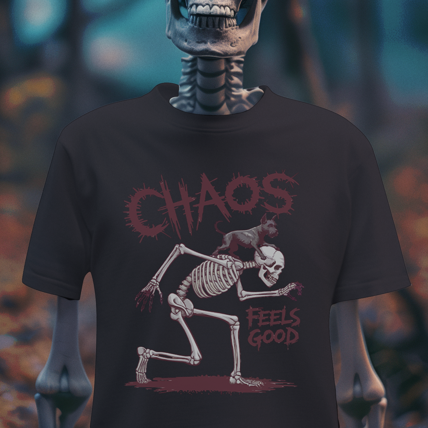 Chaos Feels Good – Skeleton Mischief T-Shirt