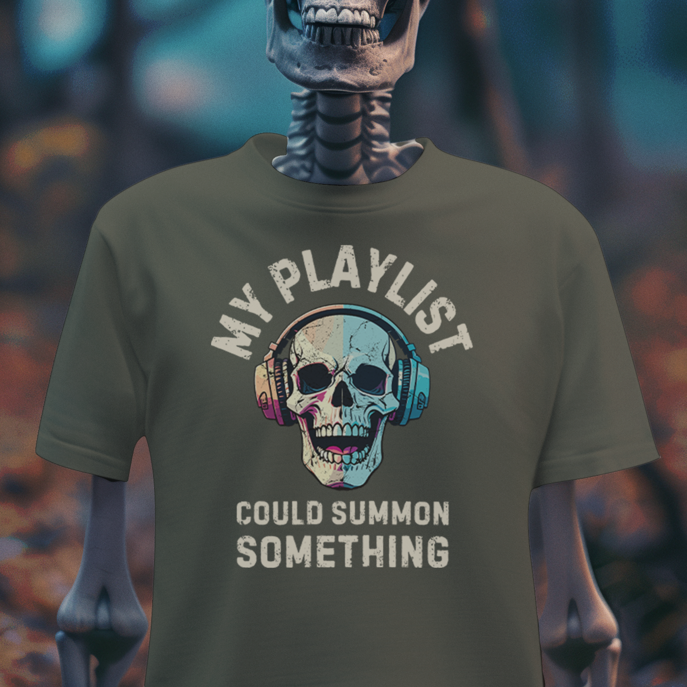My Playlist Could Summon Something – Occult Vibes Music Skull T-Shirt