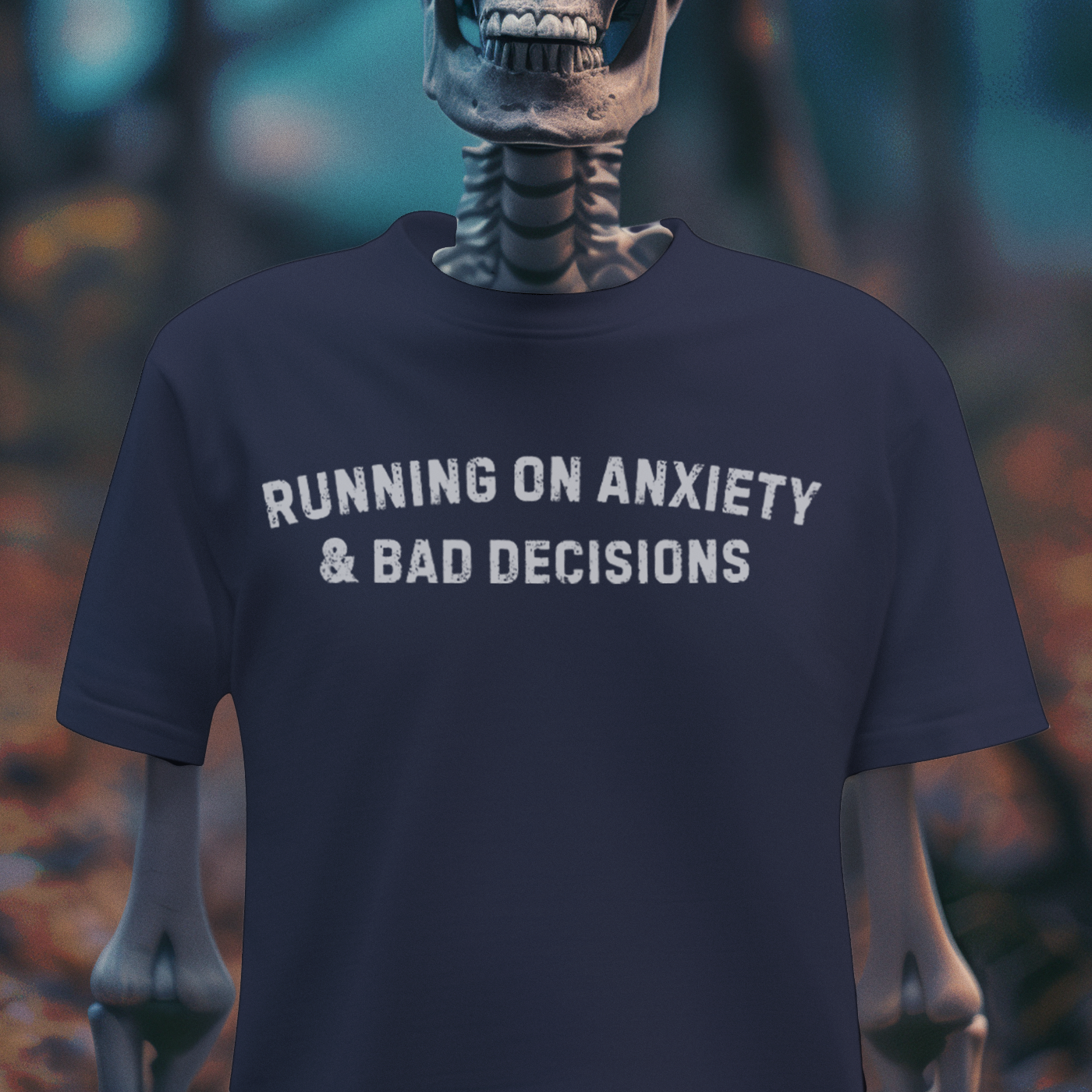 Running on Anxiety & Bad Decisions – Dark Humor Graphic T-Shirt