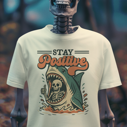 Stay Positive – Retro Shark Attack Dark Humor T-Shirt