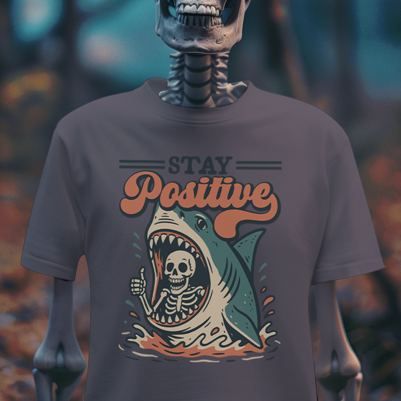 Stay Positive – Retro Shark Attack Dark Humor T-Shirt