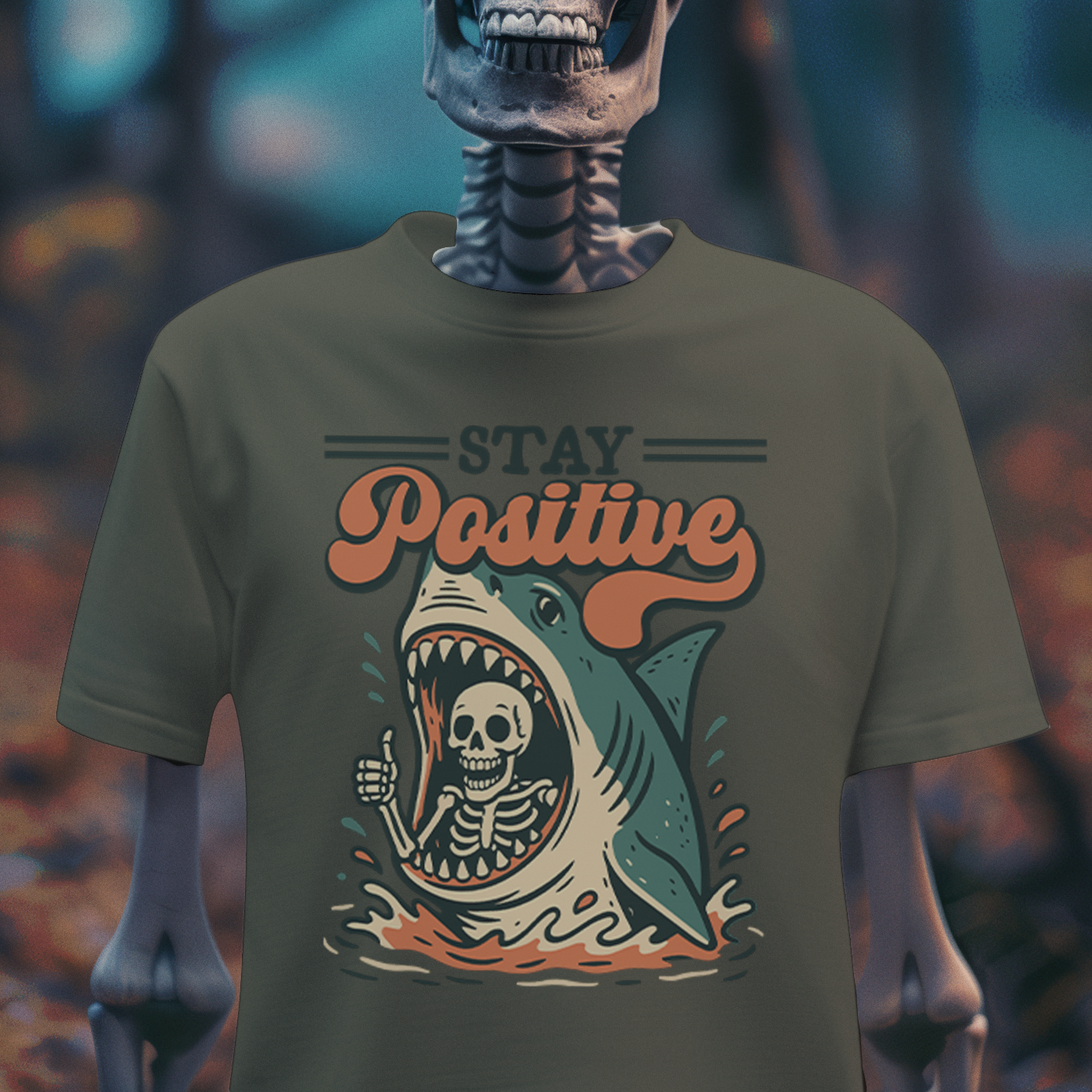 Stay Positive – Retro Shark Attack Dark Humor T-Shirt