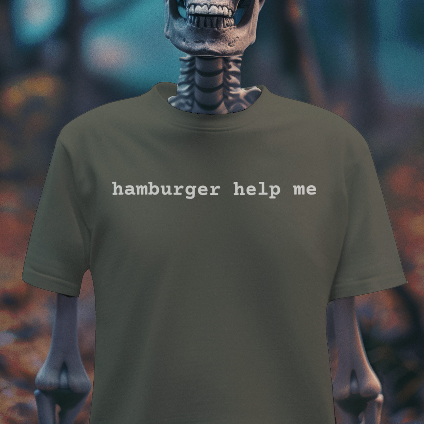 “hamburger help me” T-Shirt – Absurd Dark Humor Tee | Hamburger Helper Parody | Minimalist Meme Shirt