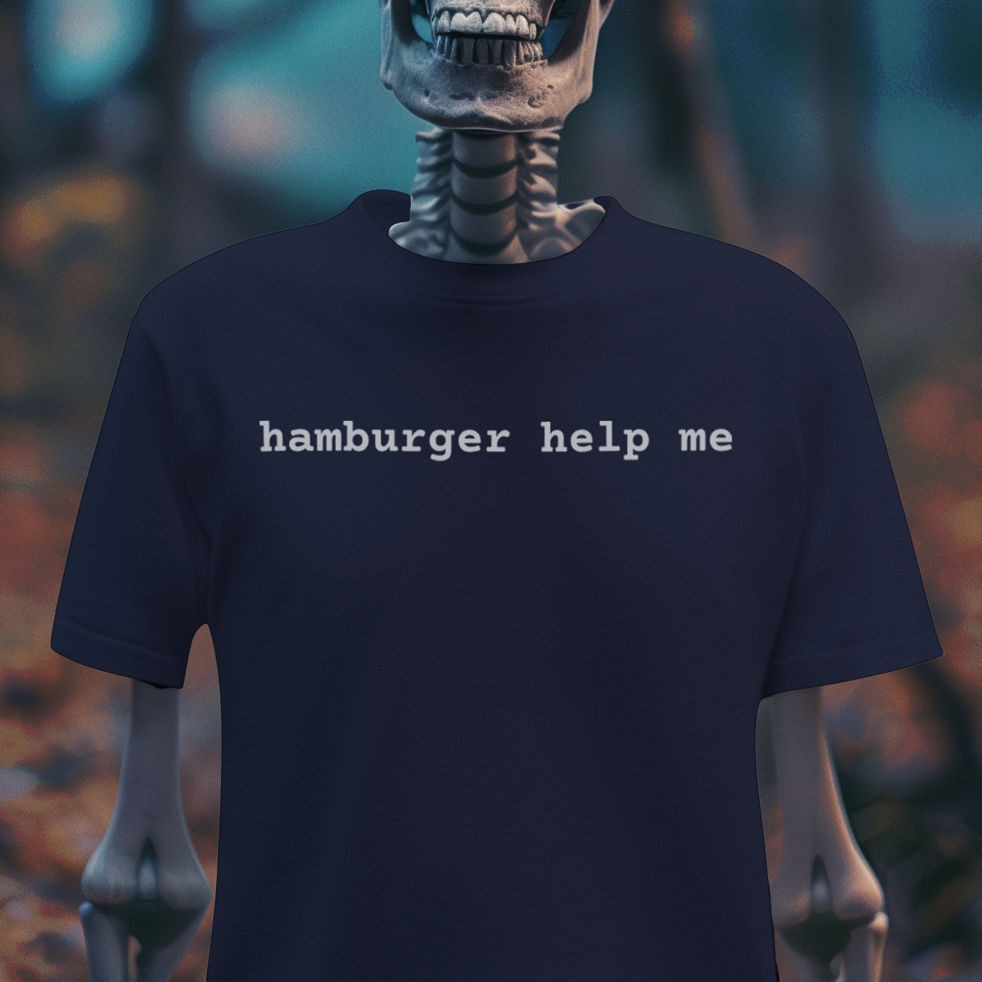 “hamburger help me” T-Shirt – Absurd Dark Humor Tee | Hamburger Helper Parody | Minimalist Meme Shirt