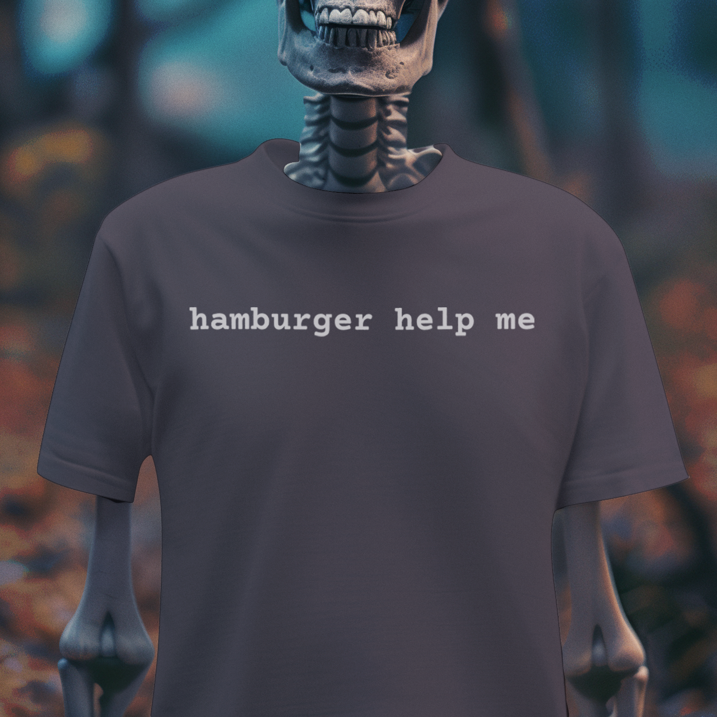 “hamburger help me” T-Shirt – Absurd Dark Humor Tee | Hamburger Helper Parody | Minimalist Meme Shirt