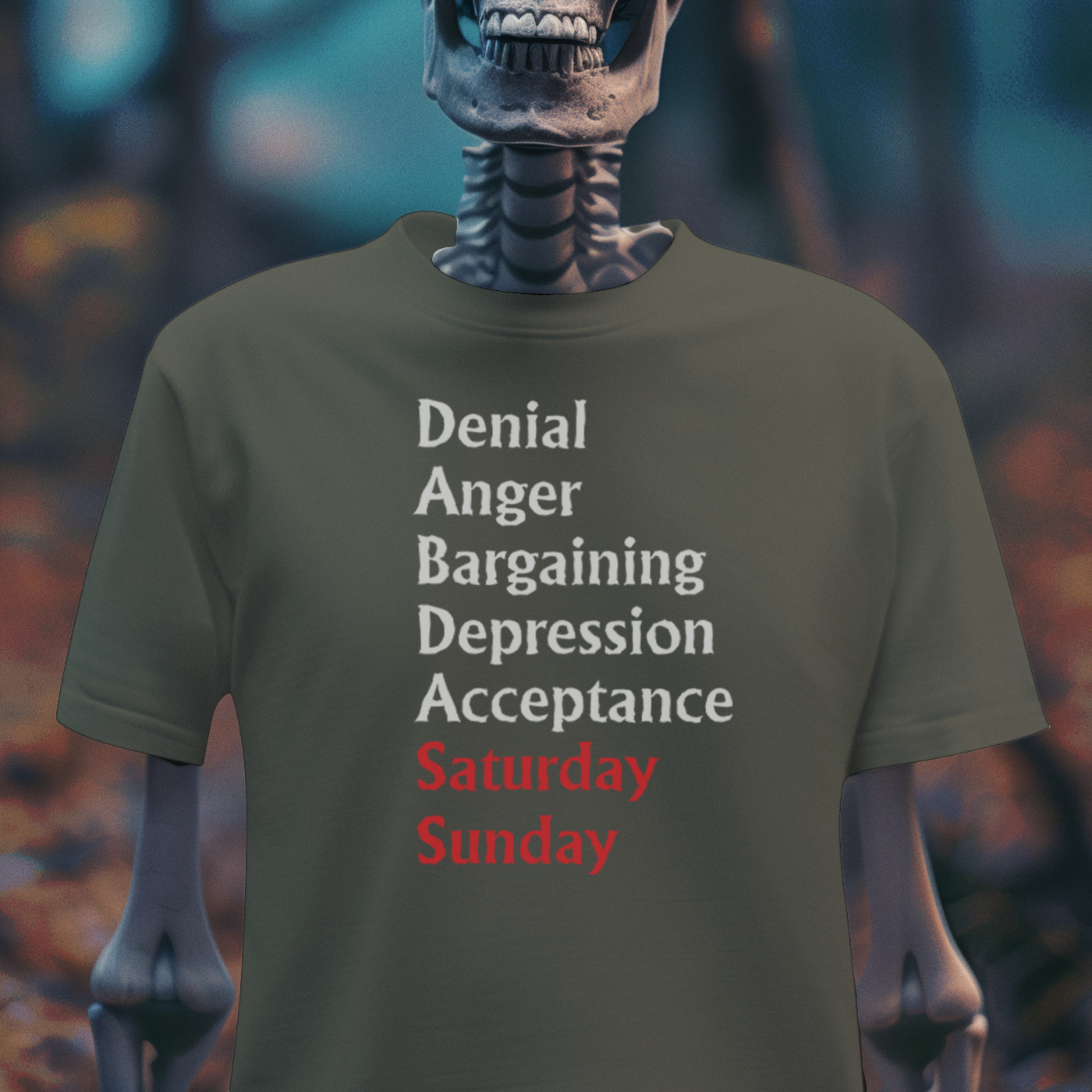 The 7 Stages of the Week T-Shirt – Dark Humor Skeleton Tee | Goth Sarcasm Shirt | Weekend Survival Graphic Tee