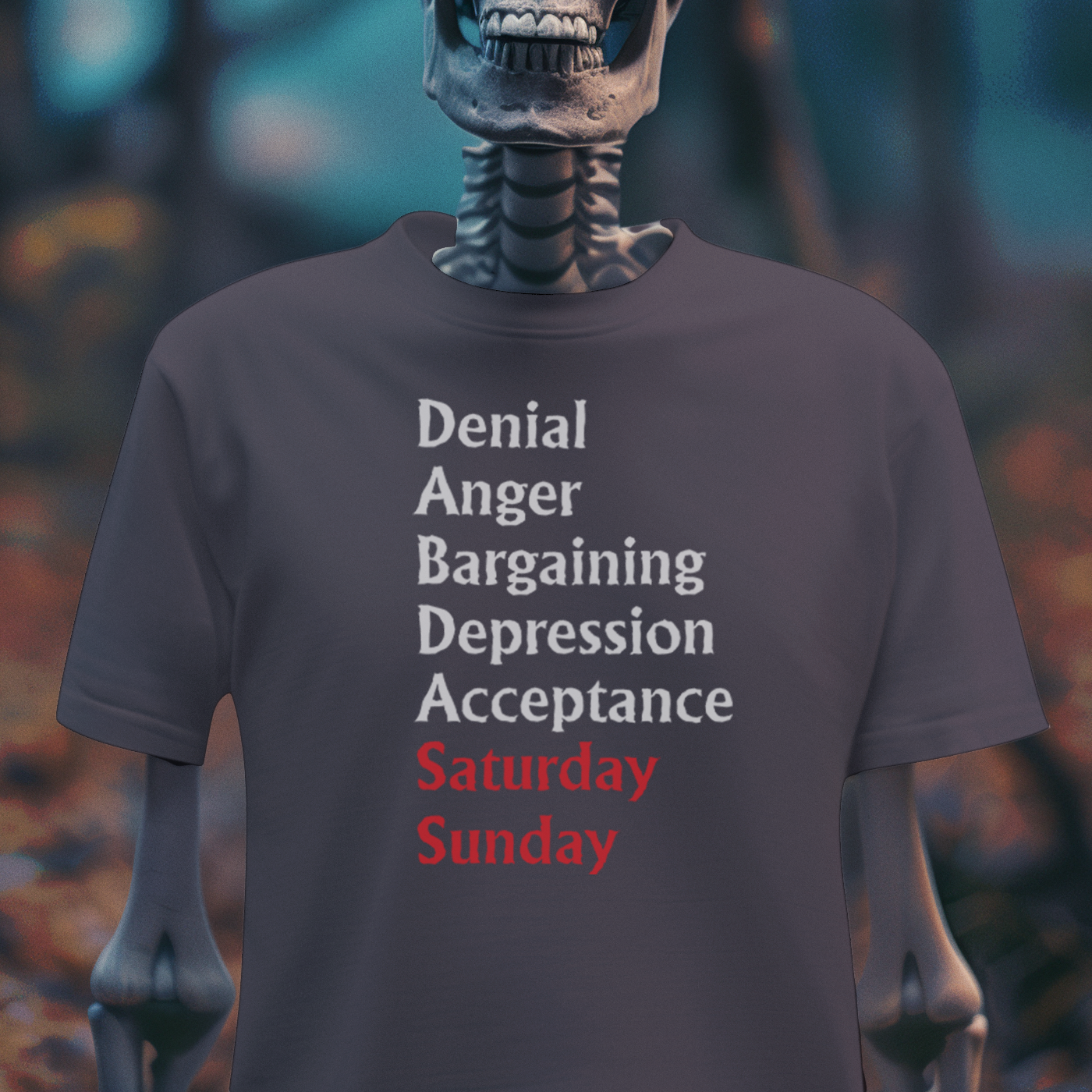 The 7 Stages of the Week T-Shirt – Dark Humor Skeleton Tee | Goth Sarcasm Shirt | Weekend Survival Graphic Tee