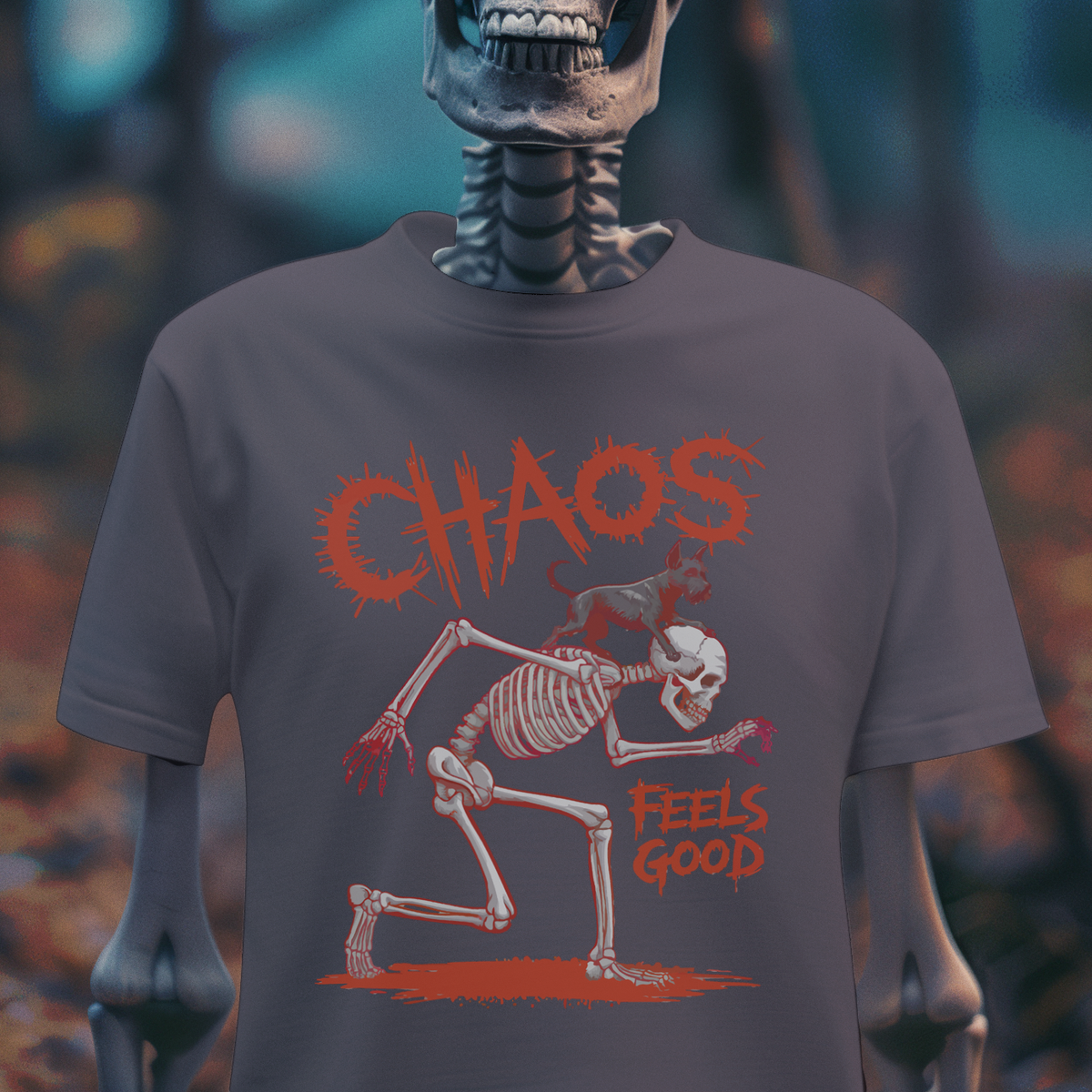 Chaos Feels Good – Skeleton Mischief T-Shirt
