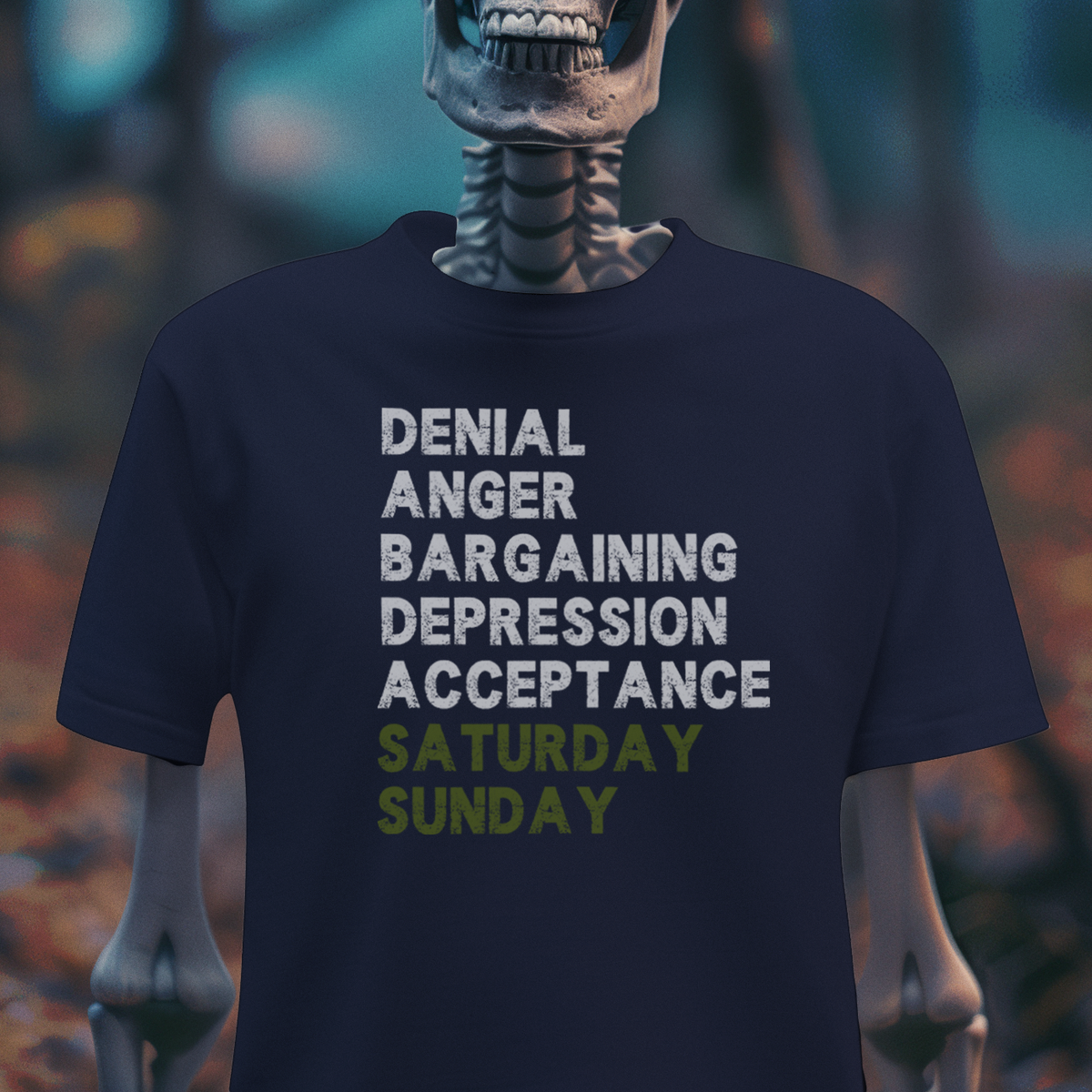 7 Stages of the Week T-Shirt – Dark Humor Skeleton Tee | Goth Sarcasm Shirt | Weekend Survival Graphic Tee