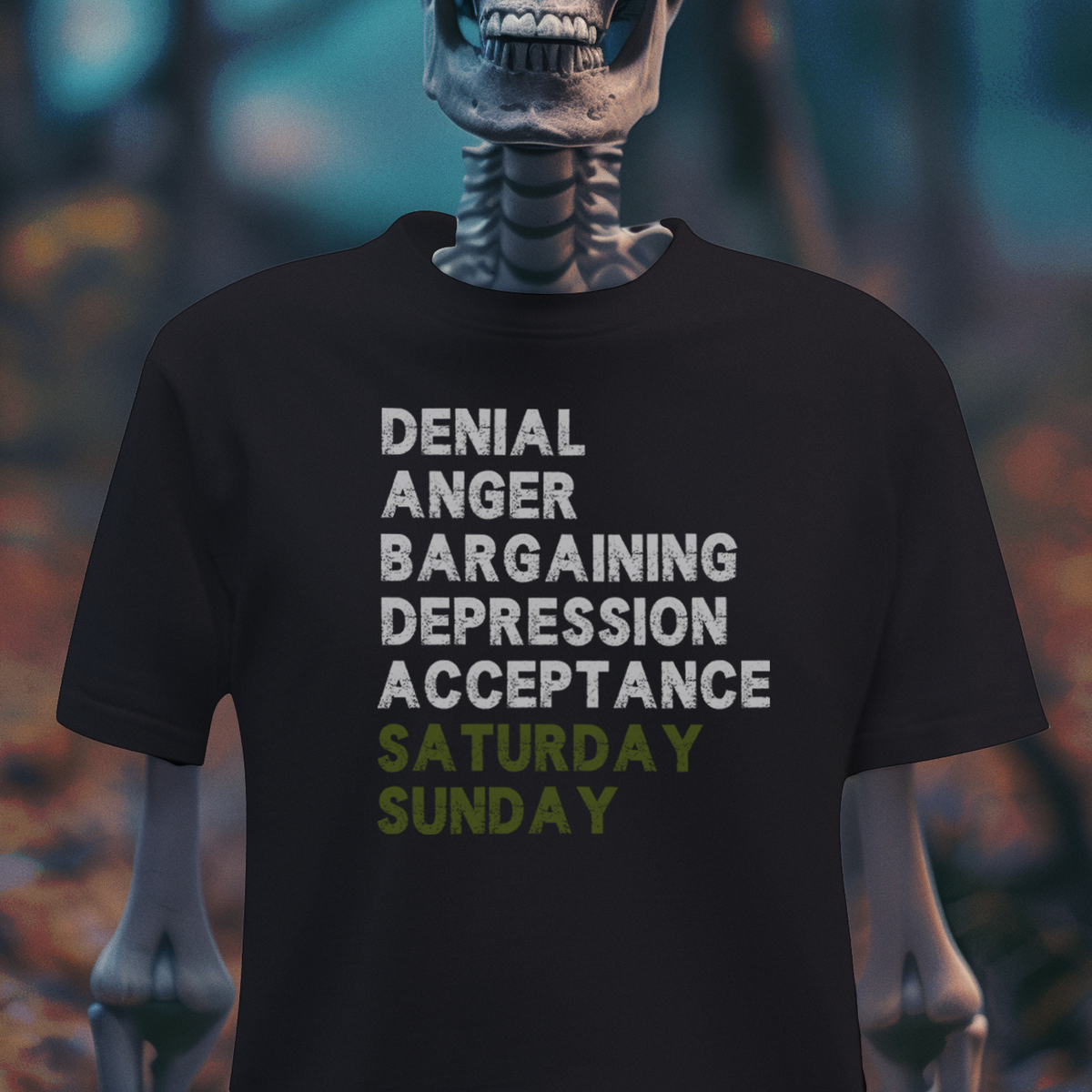 7 Stages of the Week T-Shirt – Dark Humor Skeleton Tee | Goth Sarcasm Shirt | Weekend Survival Graphic Tee